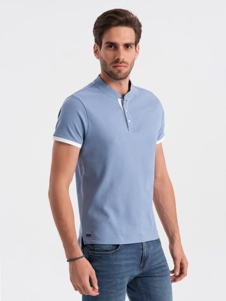 Koszulka męska polo bez kołnierzyka - niebieska V3 - Rozmiar: M. Niebieskie koszulki polo sportowe Ombre Clothing, l, bez wzorów, z bawełny, bez kołnierzyka, bez ramiączek. Za 129.99 zł.