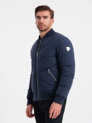 Kurtka męska bomberka pikowana z metalowymi zamkami - granatowa V2 OM-JALP-0143 - XXL. Niebieskie kurtki Ombre Clothing, l, bez wzorów, bez kaptura. W wyprzedaży za 149.99 zł.