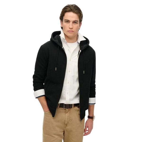 Bluza z kapturem i zamkiem błyskawicznym Superdry Logo Essential. Czarne bluzy Superdry, s, bez wzorów, z bawełny, z kapturem. Za 400.30 zł.