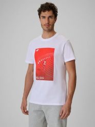 4F Koszulka kibica męska - biała XL. Białe t-shirty 4F, m, bez wzorów, z bawełny, bez kołnierzyka, bez ramiączek. Za 79.99 zł.