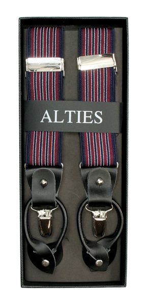 Szelki Klasyczne Czerwono-Granatowe w Paski, Zapięcie na Guziki lub Żabki, Męskie -ALTIES. Czerwone sztyblety Alties, bez wzorów, z gumy, bez obcasa, bez zapięcia. Za 89.00 zł.