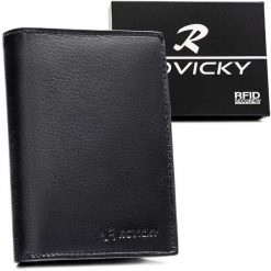 Duży portfel męski ze skóry naturalnej w czarnym kolorze, mieszczący dowód rejestracyjny - Rovicky. Czarne portfele ROVICKY, bez wzorów, ze skóry. Za 39.99 zł.