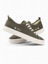 Klasyczne męskie trampki niskie BASIC - oliwkowe V3 OM-FOTL-0145 - 42. Zielone trampki Ombre Clothing, m, bez wzorów, bez zapięcia. W wyprzedaży za 69.99 zł.