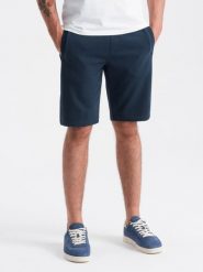 Męskie szorty dresowe przed kolano BASIC – granatowe V1 OM-SRBS-0149 - XXL. Niebieskie krótkie spodenki sportowe Ombre Clothing, l, bez wzorów, z bawełny. W wyprzedaży za 89.99 zł.