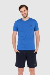 EA7 Niebieski t-shirt męski z czarnym logo. Niebieskie t-shirty EA7 Emporio Armani, m, bez wzorów, bez kołnierzyka, bez ramiączek. W wyprzedaży za 203.99 zł.