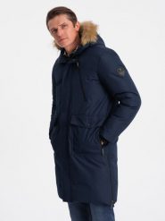 Ocieplana kurtka męska alaska z kieszeniami i rozpinanym dołem – granatowa V1 OM-JALJ-0148 - XXL. Niebieskie kurtki Ombre Clothing, l, bez wzorów, z materiału, z kapturem. W wyprzedaży za 199.99 zł.