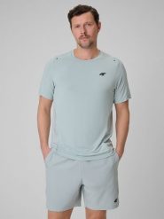 4F Koszulka regular treningowa szybkoschnąca męska - miętowa L. Niebieskie t-shirty sportowe 4F, bez wzorów, ze skóry, bez ramiączek, na fitness i siłownię. Za 129.99 zł.
