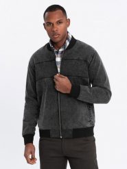 Męska jeansowa kurtka bomberka z efektem stone wash – czarna V2 OM-JADJ-0163 - XXL. Czarne kurtki Ombre Clothing, l, bez wzorów, z bawełny, bez kaptura. Za 194.99 zł.