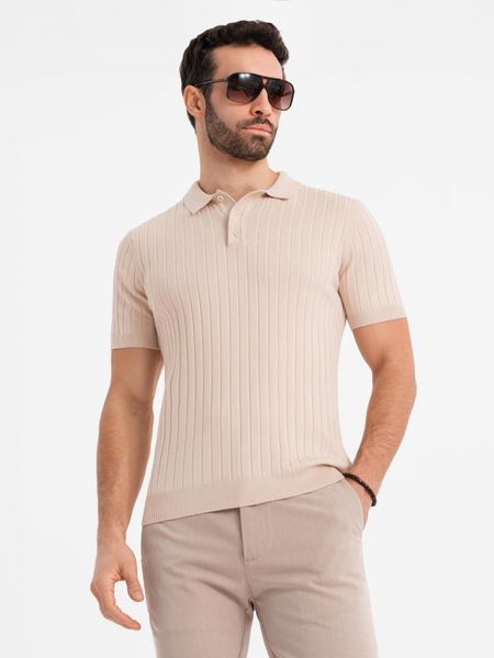 Męska koszulka polo z wiskozą SLIM FIT w pionowy prążek – beżowa V2. Brązowe koszulki polo sportowe Ombre Clothing, m, bez wzorów, z dzianiny, bez kołnierzyka, bez ramiączek. W wyprzedaży za 99.99 zł.