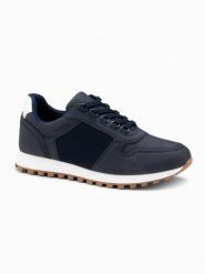 Patchworkowe buty męskie sneakersy z łączonych materiałów – granatowe V6 OM-FOSL-0144 - 42. Niebieskie buty sportowe casual Ombre Clothing, z aplikacjami, z materiału, bez zapięcia. Za 219.99 zł.