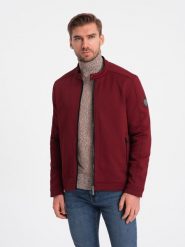 Męska kurtka o kroju biker ze strukturalnego materiału – bordowa V2. Czerwone kurtki Ombre Clothing, m, bez wzorów, bez kaptura. W wyprzedaży za 79.99 zł.