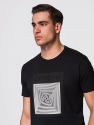 Męska koszulka bawełniana z geometrycznym nadrukiem - czarna V1 - Rozmiar: S. Czarne t-shirty Ombre Clothing, m, bez wzorów, z bawełny, bez kołnierzyka, bez ramiączek. W wyprzedaży za 45.50 zł.