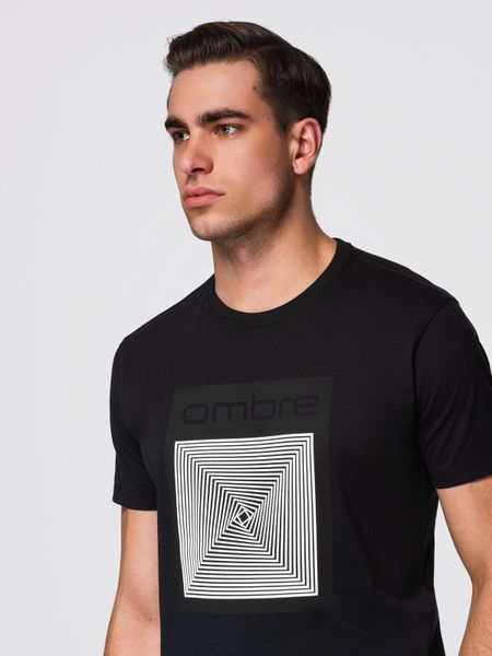 Męska koszulka bawełniana z geometrycznym nadrukiem - czarna V1 - Rozmiar: L. Czarne t-shirty Ombre Clothing, l, bez wzorów, z bawełny, bez kołnierzyka, bez ramiączek. W wyprzedaży za 45.50 zł.