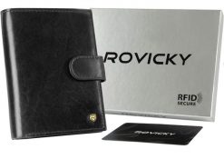 Portfel męski skórzany N62L-RVT czarny. Czarne portfele ROVICKY, bez wzorów. Za 77.99 zł.