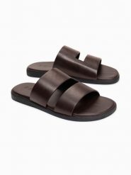 Męskie skórzane klapki z gumową podeszwą - czekoladowy brąz V2 - Rozmiar: 41. Brązowe klapki Ombre Clothing, z gumy. W wyprzedaży za 189.99 zł.