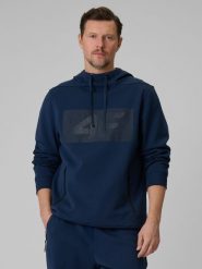 4F Bluza dresowa regular z kapturem męska - granatowa L. Niebieskie bluzy 4F, l, bez wzorów, z bawełny, z kapturem. Za 199.99 zł.