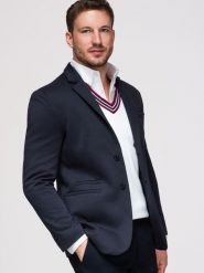 Dzianinowa marynarka męska o dopasowany kroju SLIM FIT - granatowa V3 - Rozmiar: M. Niebieskie garnitury Ombre Clothing, do pracy, m, bez wzorów, z bawełny. W wyprzedaży za 265.99 zł.