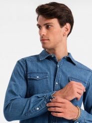 Koszula męska jeansowa na zatrzaski z kieszonkami - niebieska V2 OM-SHDS-0115 - L. Niebieskie koszule Ombre Clothing, l, bez wzorów, z bawełny, bez kołnierzyka, bez ramiączek. Za 101.99 zł.