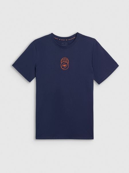 4F T-shirt regular z nadrukiem męski - granatowy M. Niebieskie t-shirty 4F, m, bez wzorów, z bawełny, bez kołnierzyka, bez ramiączek. Za 59.99 zł.