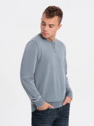 Washowana bluza męska z ozdobnym przeszyciem przy dekolcie - jasnoniebieska V3 OM-SSDS-0131 - XXL. Niebieskie bluzy Ombre Clothing, l, bez wzorów, z bawełny, bez kaptura. W wyprzedaży za 69.99 zł.