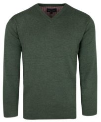 Męski Klasyczny Sweter w Serek (V-Neck) - Melanżowa Zieleń Khaki. Zielone swetry rozpinane Adriano Guinari, l, bez wzorów, z bawełny, bez kołnierzyka, bez ramiączek. Za 159.00 zł.