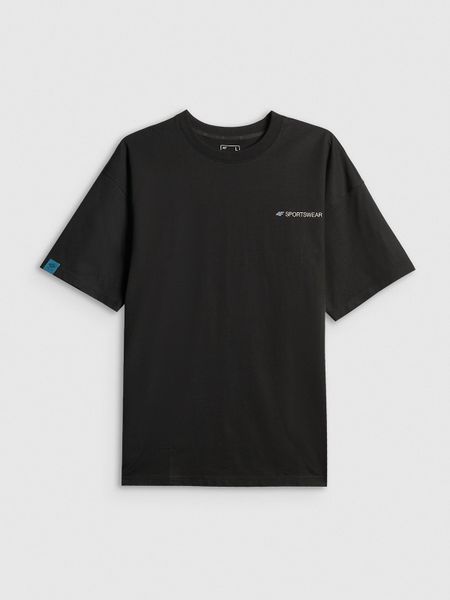 4F T-shirt loose z nadrukiem męski - czarny S. Czarne t-shirty 4F, m, bez wzorów, z bawełny, bez kołnierzyka, bez ramiączek. Za 89.99 zł.