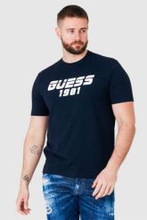 GUESS Granatowy t-shirt męski z odblaskowym logo. Niebieskie t-shirty Guess, m, z aplikacjami, bez kołnierzyka, bez ramiączek. W wyprzedaży za 119.99 zł.