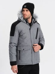 Zimowa kurtka męska z regulowanym kapturem z odpinanym futerkiem - szaro-czarna V1 OM-JAHP-0144 - XXL. Szare kurtki Ombre Clothing, na zimę, l, bez wzorów. W wyprzedaży za 199.99 zł.