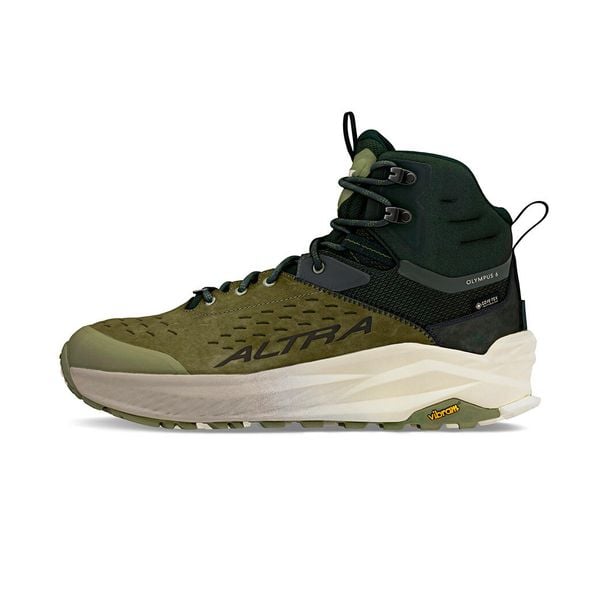 Buty trekkingowe Altra Olympus 6 Hike Mid Gtx. Zielone buty turystyczne Altra, bez wzorów, z gore-texu, bez zapięcia, do biegania, gore-tex. Za 932.60 zł.