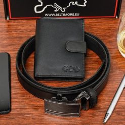 Zestaw męski skórzany portfel pasek duży Beltimore U88. Czarne paski bez wzorów. Za 119.90 zł.