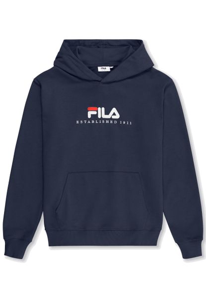 Bluza z kapturem męska do biegania Fila Valsera regular logo granatowa. Niebieskie bluzy z kapturem Fila, m, bez wzorów, z bawełny, z kapturem. Za 299.00 zł.
