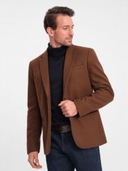Marynarka męska casual z ozdobnymi guzikami na mankietach - czekoladowy brąz V1 OM-BLZB-0118 - XL. Brązowe garnitury Ombre Clothing, na co dzień, l, bez wzorów, casualowe. W wyprzedaży za 149.99 zł.