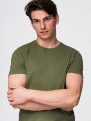 T-shirt męski klasyczny bawełniany BASIC - khaki V6 - Rozmiar: M. Brązowe t-shirty Ombre Clothing, m, bez wzorów, z bawełny, bez kołnierzyka, bez ramiączek. W wyprzedaży za 29.99 zł.