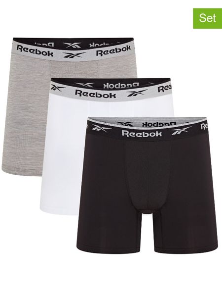 Reebok Bokserki (3 pary) "Ainslie" w kolorze czarnym, szarym i białym rozmiar: XL. Białe bokserki Reebok, xl, bez wzorów. Za 63.45 zł.