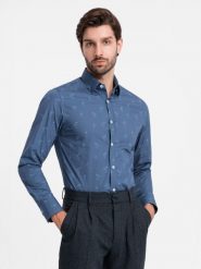 Klasyczna męska bawełniana koszula SLIM FIT w palmy - ciemnoniebieska V5 OM-SHCS-0156 - XXL. Niebieskie koszule Ombre Clothing, l, bez wzorów, z bawełny, bez kołnierzyka, bez ramiączek. W wyprzedaży za 69.99 zł.