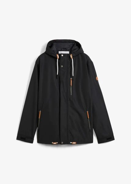 Hydrofobowa kurtka funkcyjna z kapturem i detalami z imitacji skóry. Czarne kurtki bonprix, m, bez wzorów, ze skóry, z kapturem. Za 299.99 zł.