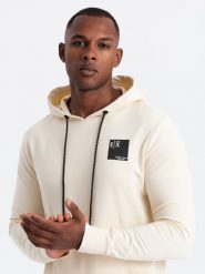 Bluza męska kangurka z kapturem i logotypem – kremowa V2 OM-SSNZ-0162 - XXL. Białe bluzy Ombre Clothing, l, bez wzorów, z bawełny, z kapturem. W wyprzedaży za 99.99 zł.