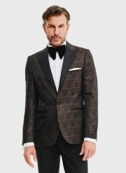 PAKO LORENTE – Brązowa żakardowa marynarka smokingowa. Brązowe garnitury Pako Lorente, na ślub cywilny, bez wzorów, z poliesteru. Za 1,499.99 zł.
