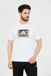 EA7 Biały t-shirt z holograficznym logo. Białe t-shirty EA7 Emporio Armani, m, bez wzorów, bez kołnierzyka, bez ramiączek. W wyprzedaży za 299.99 zł.