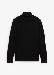 Cienki sweter z golfem z domieszką wełny merino, slim fit. Zielone golfy bonprix, m, bez wzorów, z wełny, bez kołnierzyka, bez ramiączek. Za 114.99 zł.