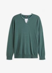 Cienki sweter z efektem dwóch warstw z miękkiej mieszanki bawełny. Zielone swetry nierozpinane bonprix, m, bez wzorów, z bawełny, bez kołnierzyka, bez ramiączek. Za 109.99 zł.