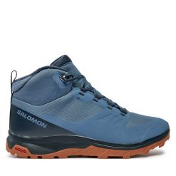 Trekkingi Salomon. Niebieskie botki sznurowane Salomon, bez wzorów, bez obcasa, bez zapięcia. Za 399.99 zł.