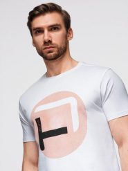 T-shirt męski z dużym nadrukiem – biały V1 - Rozmiar: M. Białe t-shirty Ombre Clothing, m, bez wzorów, z bawełny, bez kołnierzyka, bez ramiączek. Za 129.99 zł.