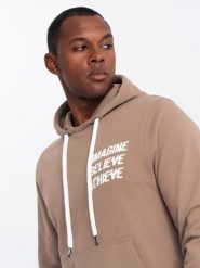 Bluza męska hoodie z nadrukiem na plecach - jasnobrązowa V2 B1357 - XXL. Brązowe bluzy Ombre Clothing, m, bez wzorów, bez kaptura. W wyprzedaży za 29.99 zł.