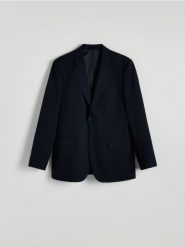 Marynarka slim fit z wiskozą - granatowy. Niebieskie garnitury Reserved, bez wzorów, z tkaniny. Za 299.99 zł.