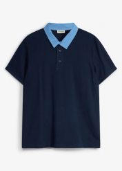 Koszulka polo z piki z czystej bawełny organicznej. Niebieskie koszulki polo bonprix, l, bez wzorów, z bawełny, bez kołnierzyka, bez ramiączek. Za 37.99 zł.