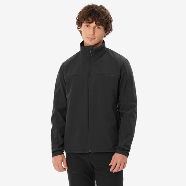 Kurtka softshell turystyczna męska Quechua MT100. Czarne kurtki FORCLAZ, l, bez wzorów, z materiału, bez kaptura. Za 199.99 zł.