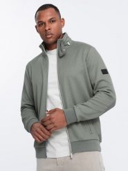 Męska kurtka z wysokim kołnierzem i polarowym wnętrzem – khaki V3 OM-JANP-0154 - XXL. Brązowe kurtki Ombre Clothing, na lato, l, z aplikacjami, z polaru, bez kaptura. Za 175.49 zł.
