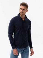 Koszula męska dzianinowa z długim rękawem - granatowa V2 K540 - XL. Niebieskie koszule Ombre Clothing, m, bez wzorów, z dzianiny, bez kołnierzyka, bez ramiączek. W wyprzedaży za 49.99 zł.