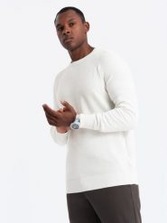 Sweter męski raglan z prążkowanymi rękawami – biały V1 - Rozmiar: XXL. Białe swetry nierozpinane Ombre Clothing, m, z aplikacjami, z bawełny, bez kołnierzyka, bez ramiączek. W wyprzedaży za 79.99 zł.